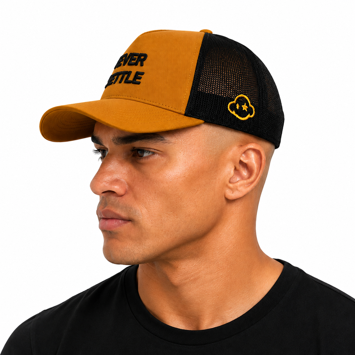 Never Settle | Mustard-Black Trucker Cap