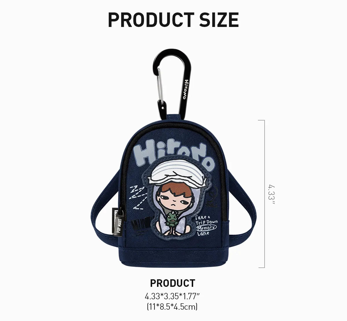 Small backpack with cartoon character and carabiner, labeled &