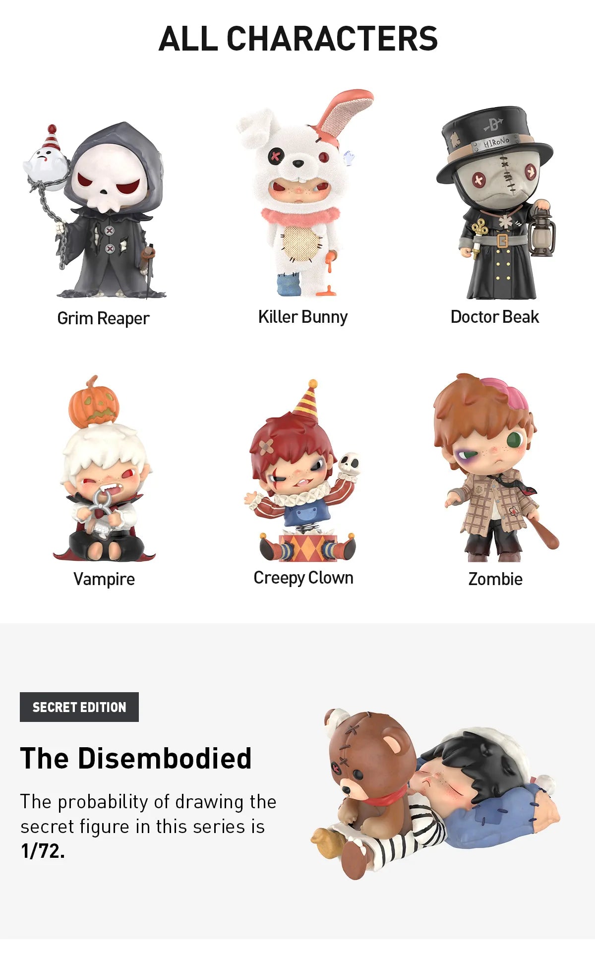 Collection of toy figures with labels including Grim Reaper, Killer Bunny, Doctor Beak, Vampire, Creepy Clown, Zombie, and The Disembodied. Collectible Labubu pop mart toys Hirono Mini Figues