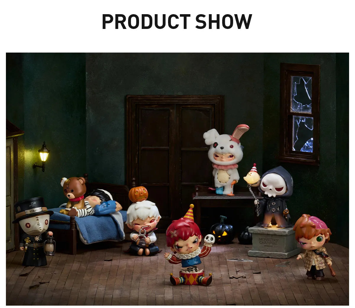 Collection of stylized figurines in a dark room setting. Collectible Labubu pop mart toys Hirono Mini Figues