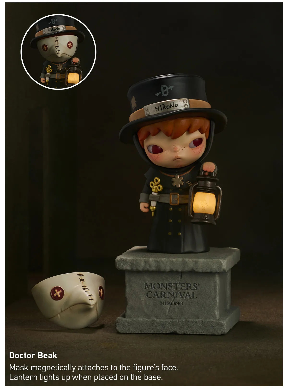 Toy figure with a lantern and mask on a dark background. Collectible Labubu pop mart toys Hirono Mini Figues