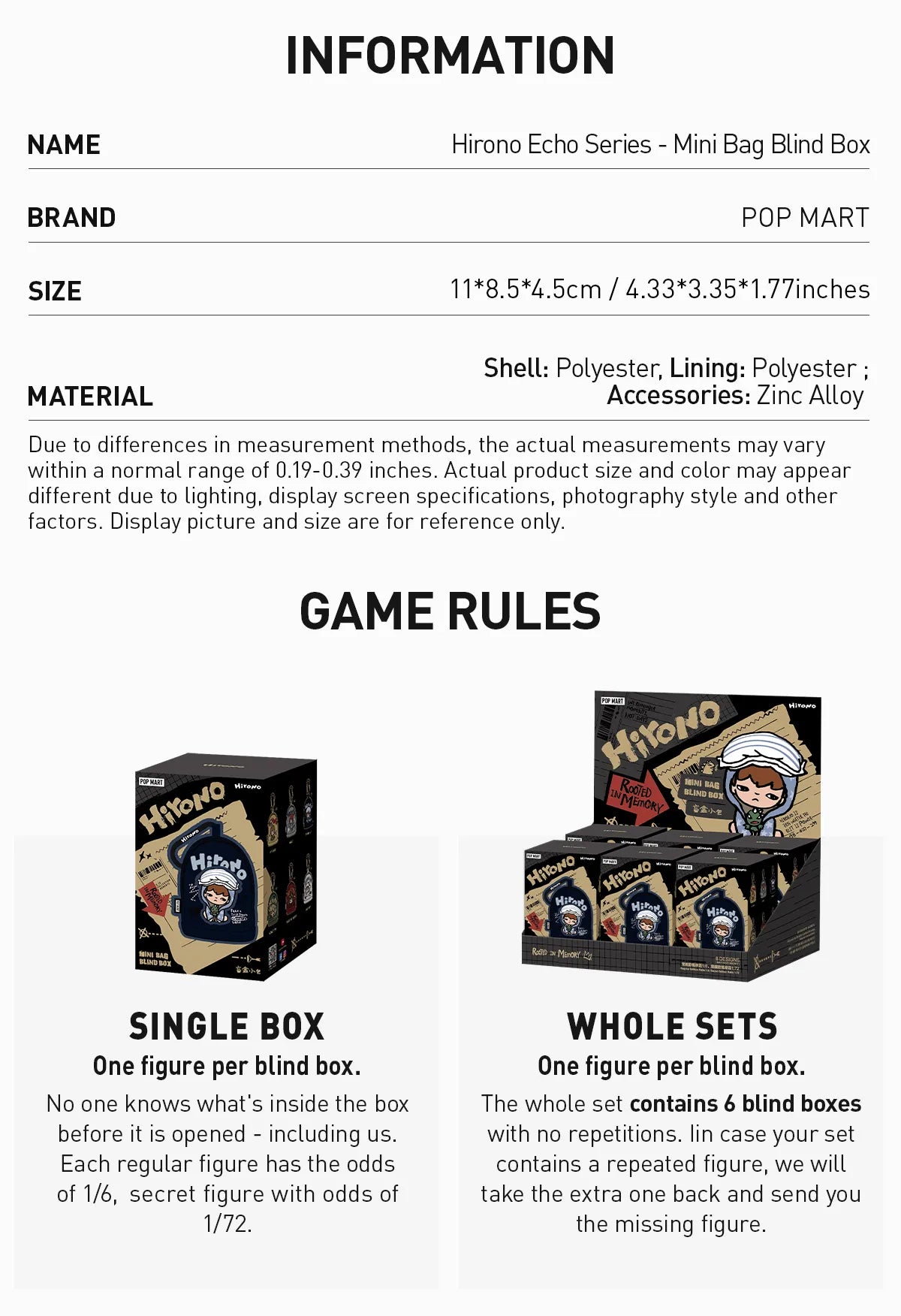 Product packaging with text detailing the Hirono Echo Series Mini Bag Blind Box by POP MART, including dimensions, material, and game rules. Collectible Labubu pop mart toys Hirono