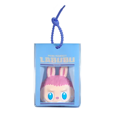 Plush toy with bunny ears in packaging on a white background. Collectible Labubu pop mart toys lanyard