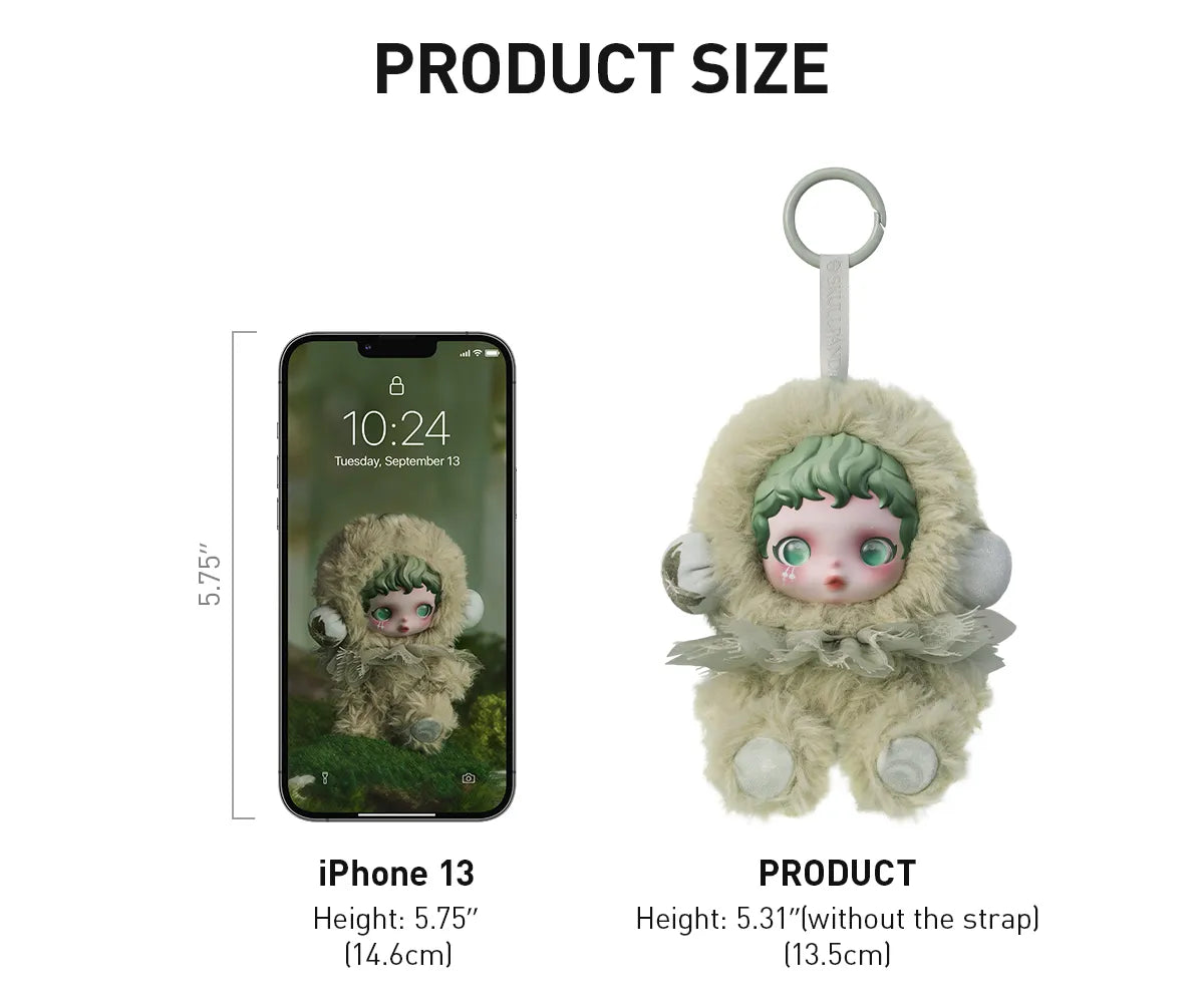 Product size comparison with an iPhone 13 showing a plush toy keychain. SkullPanda Toys Collectibles Dubai Rare Labubu