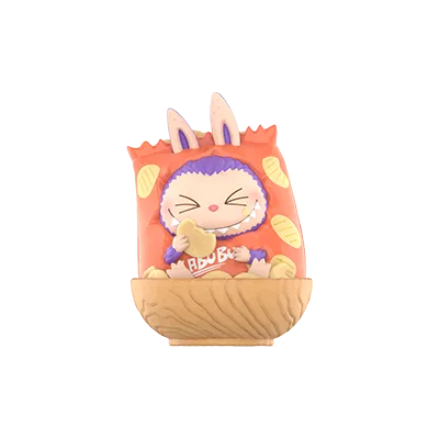 Toys Labubu character with purple hair and a red outfit sitting in a basket on a white background