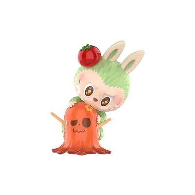 Plush toy with a character holding a carrot and wearing a green hat with a tomato on a white background labubu toys