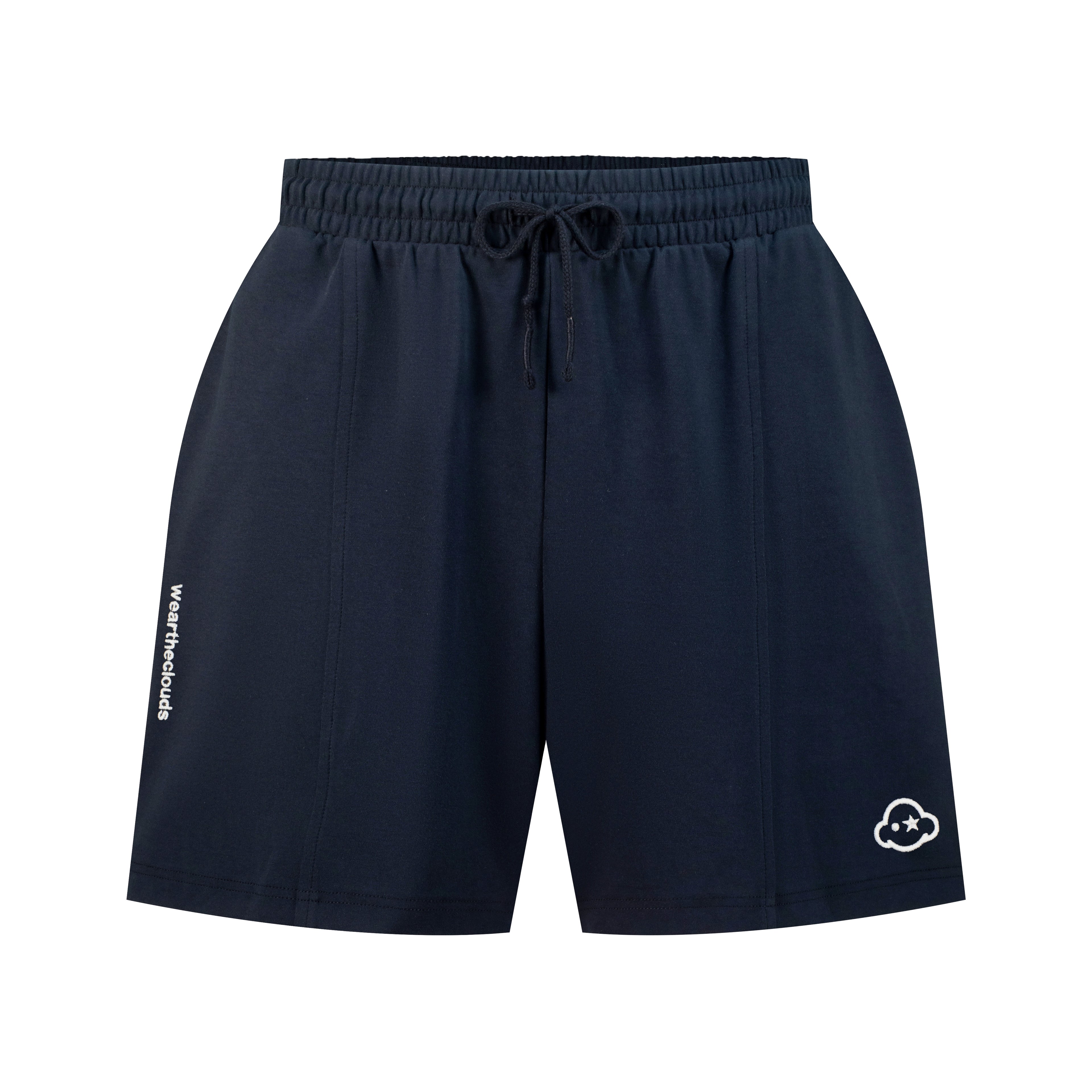 Navy blue cotton loungewear shorts with a relaxed fit, mid-rise, elastic waist, and drawstring. They feature a 3D effect logo embroidered on the left leg and the brand on the right. White cotton activewear pants with a small black logo on the left leg, featuring a relaxed fit and drawstring waist. 100% Cotton available in Dubai same day delivery best of summer and winter casual streetwear unisex men and women shorts and t-shirts available in UAE fast delivery and same day delivery available Pants joggers