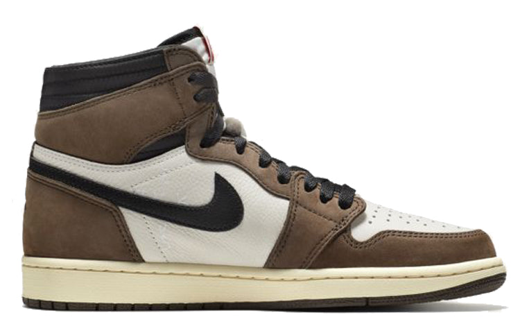 Brown and white sneaker with a black Nike logo on a white background. Nike shoes Jordans dunks