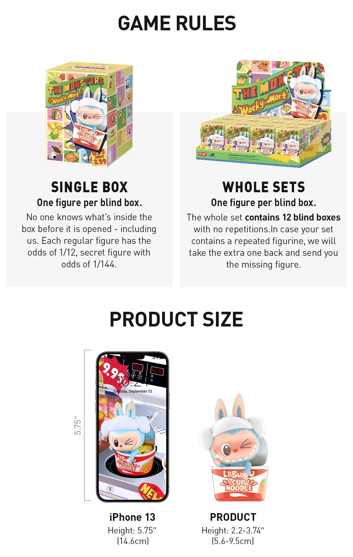 Game rules and product size information for a toy figure packaging. Collectible Labubu pop mart toys