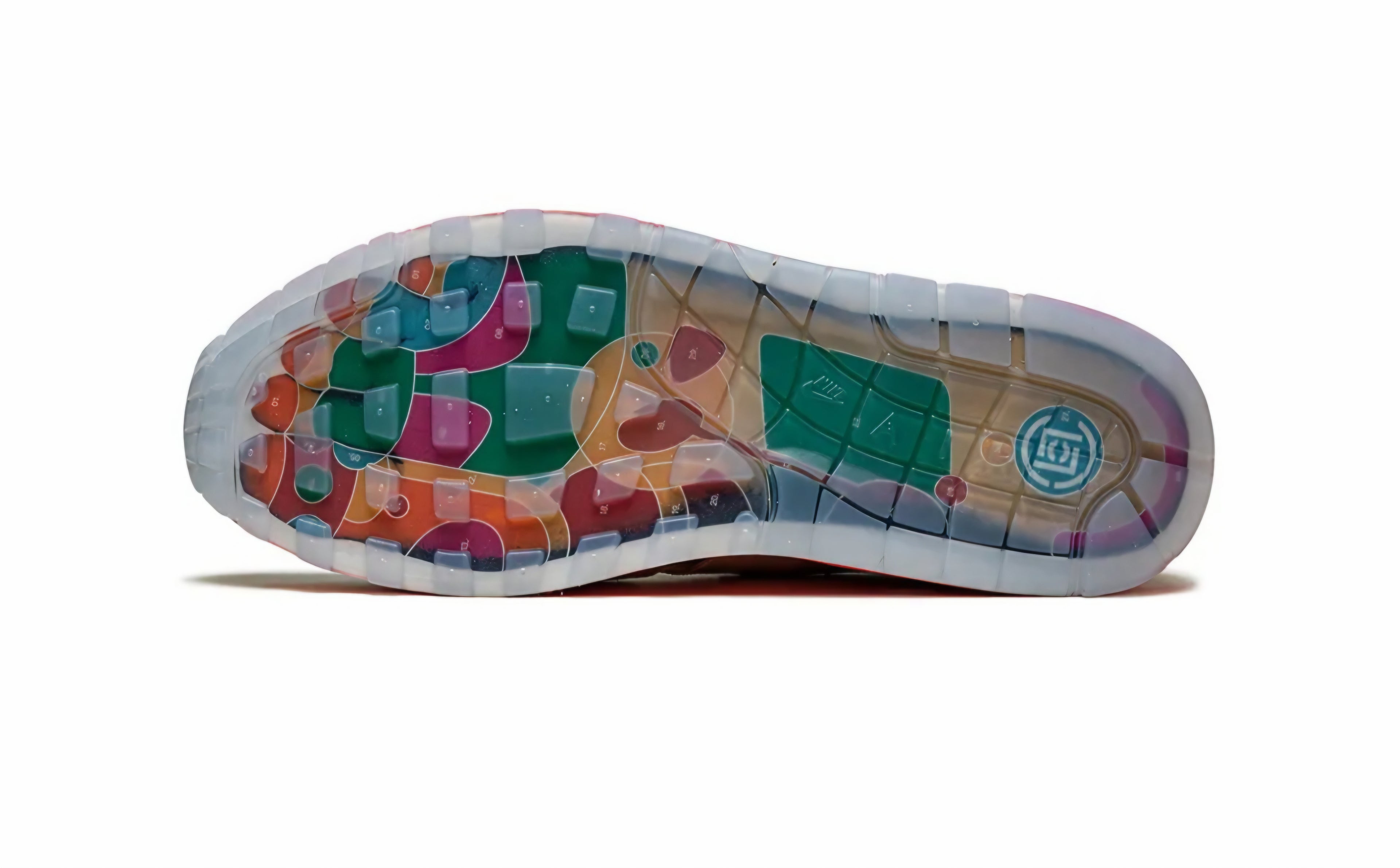 Colorful shoe sole with geometric pattern on a white background. Nike shoes Jordans dunks