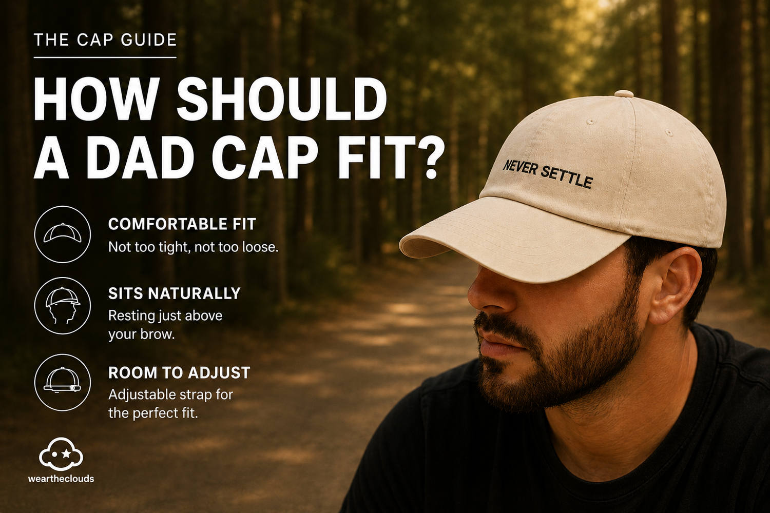 Dad cap fit guide showing how a dad cap should fit