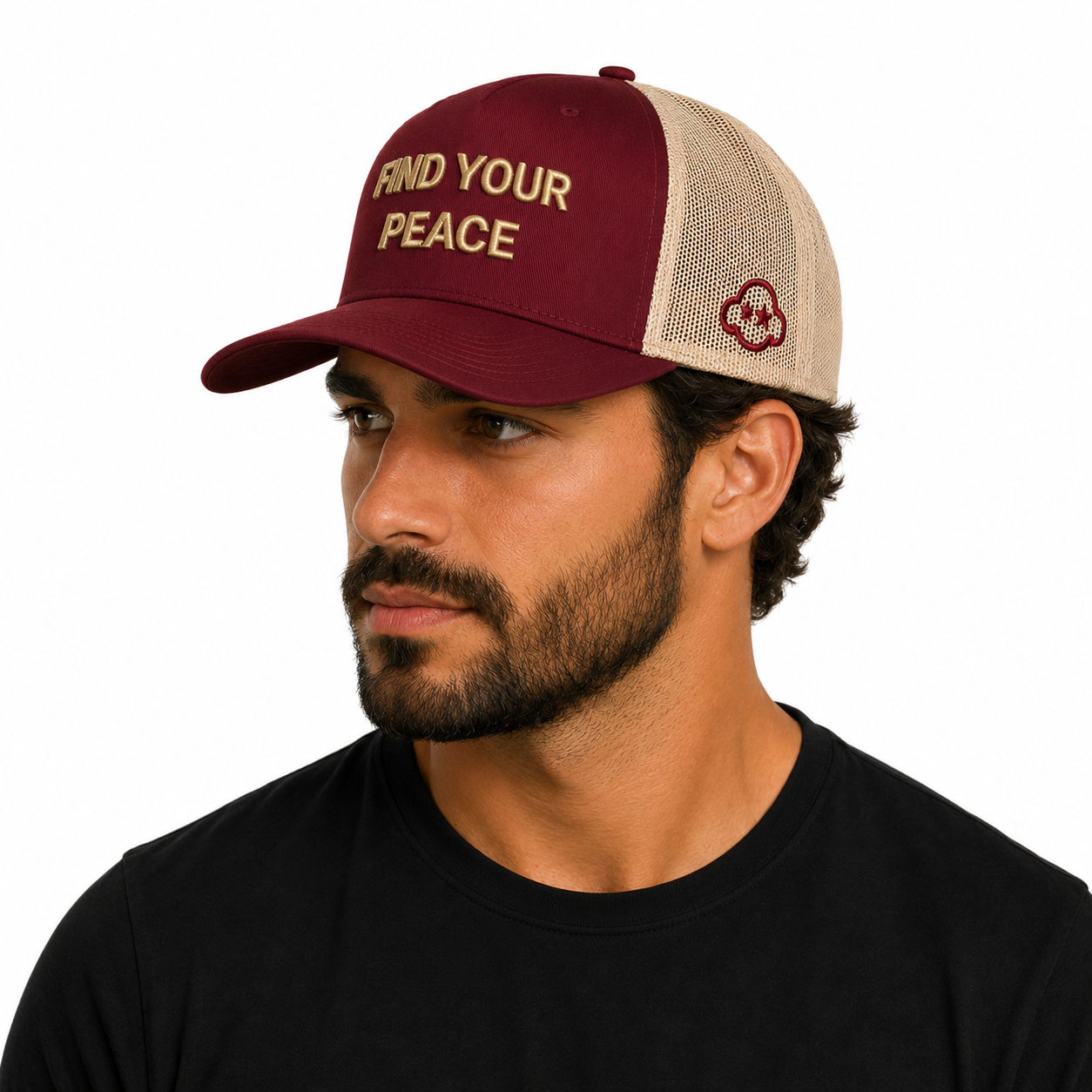 Find Your Peace burgundy and stone trucker cap