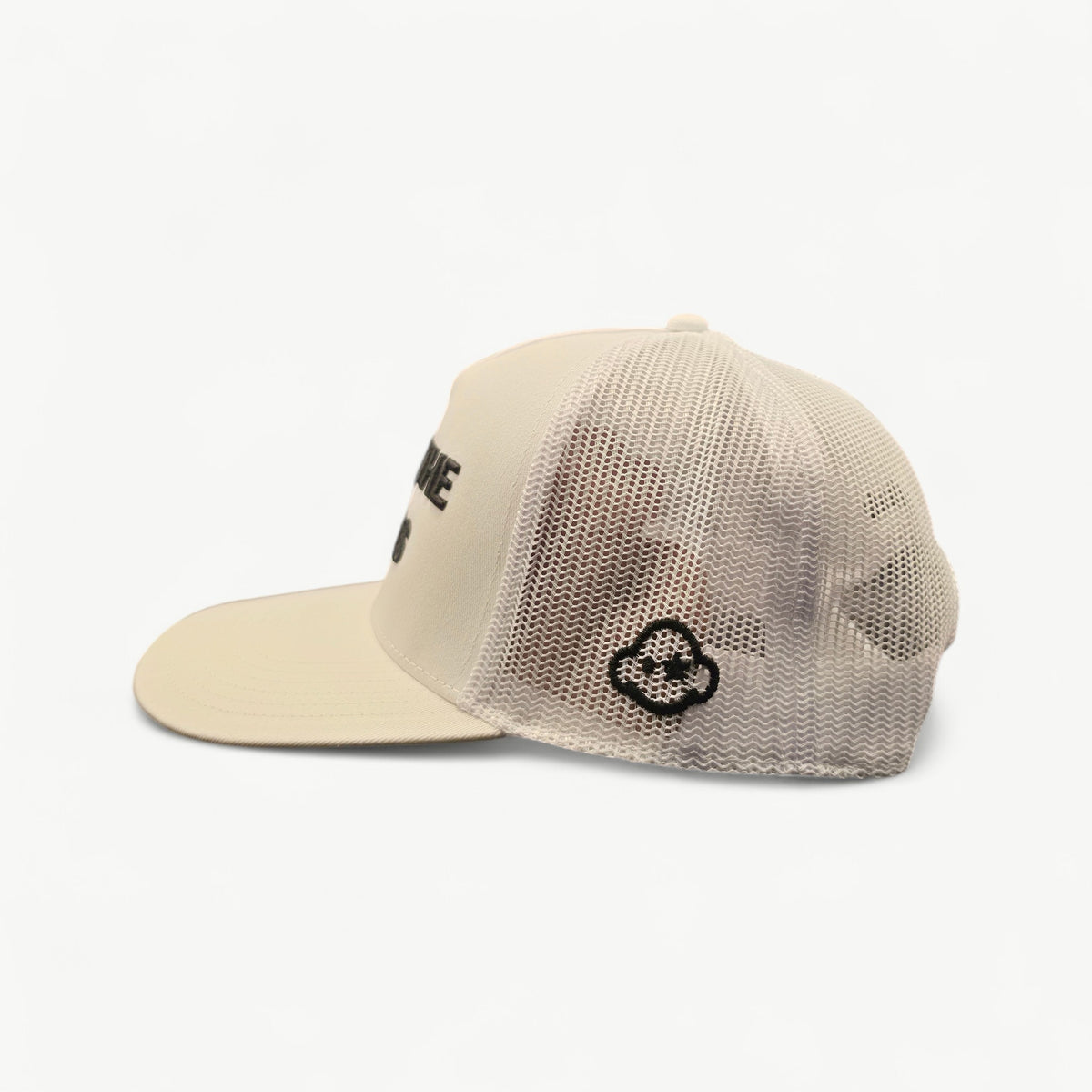 Above The Clouds white trucker cap – side view