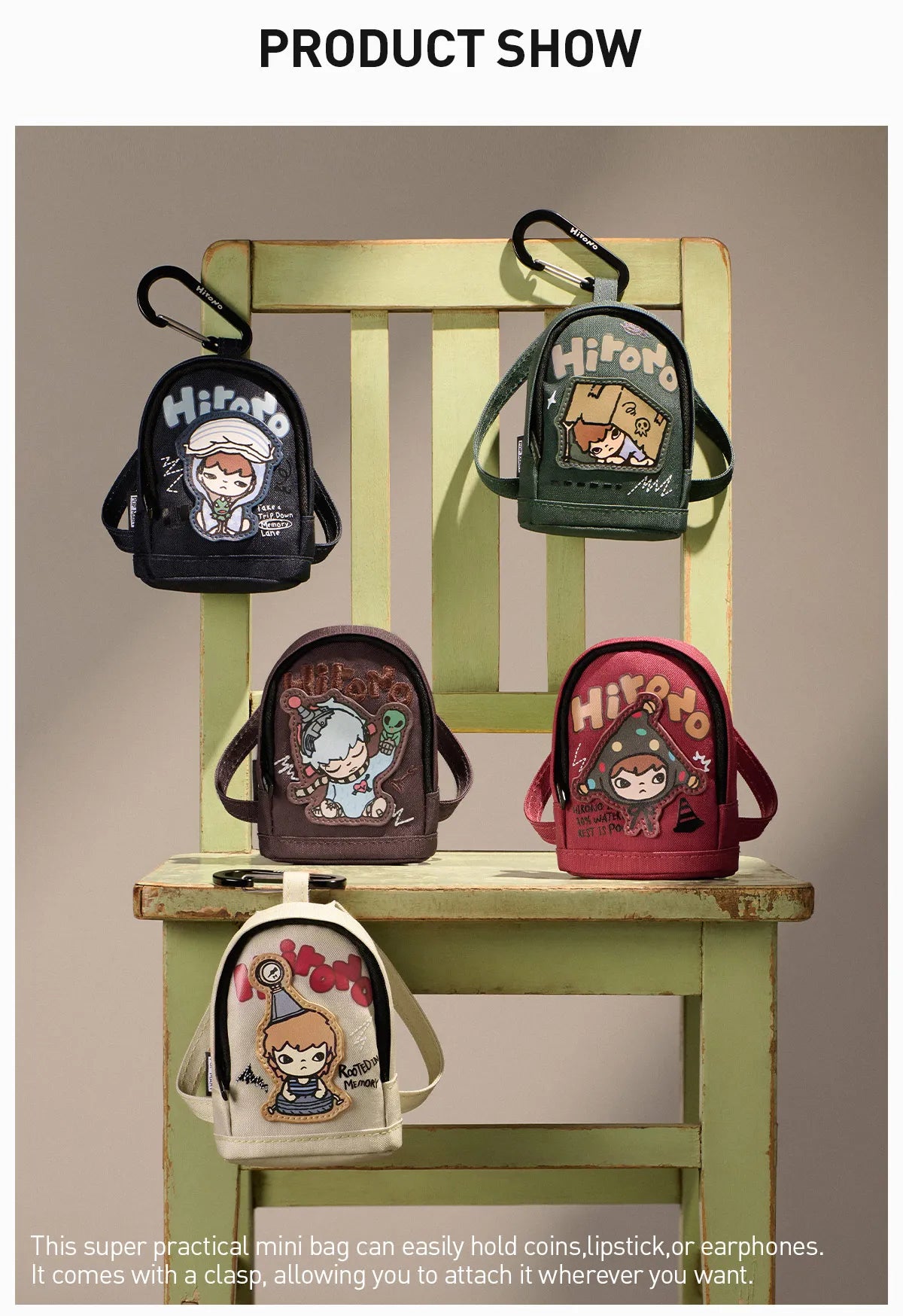 Set of small backpacks with character designs on a wooden chair.  Collectible Labubu pop mart toys Hirono 