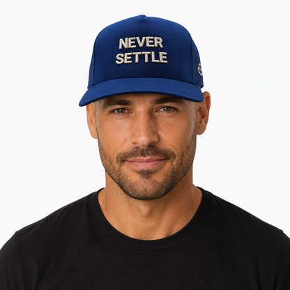 Never Settle | Royal Blue Trucker Cap