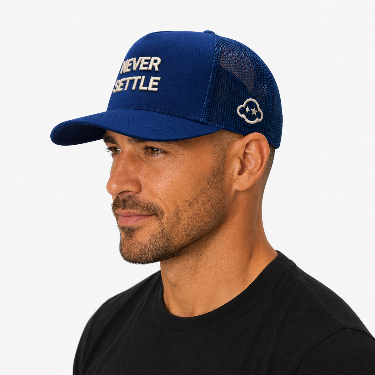 Never Settle | Royal Blue Trucker Cap