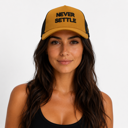 Never Settle | Mustard-Black Trucker Cap