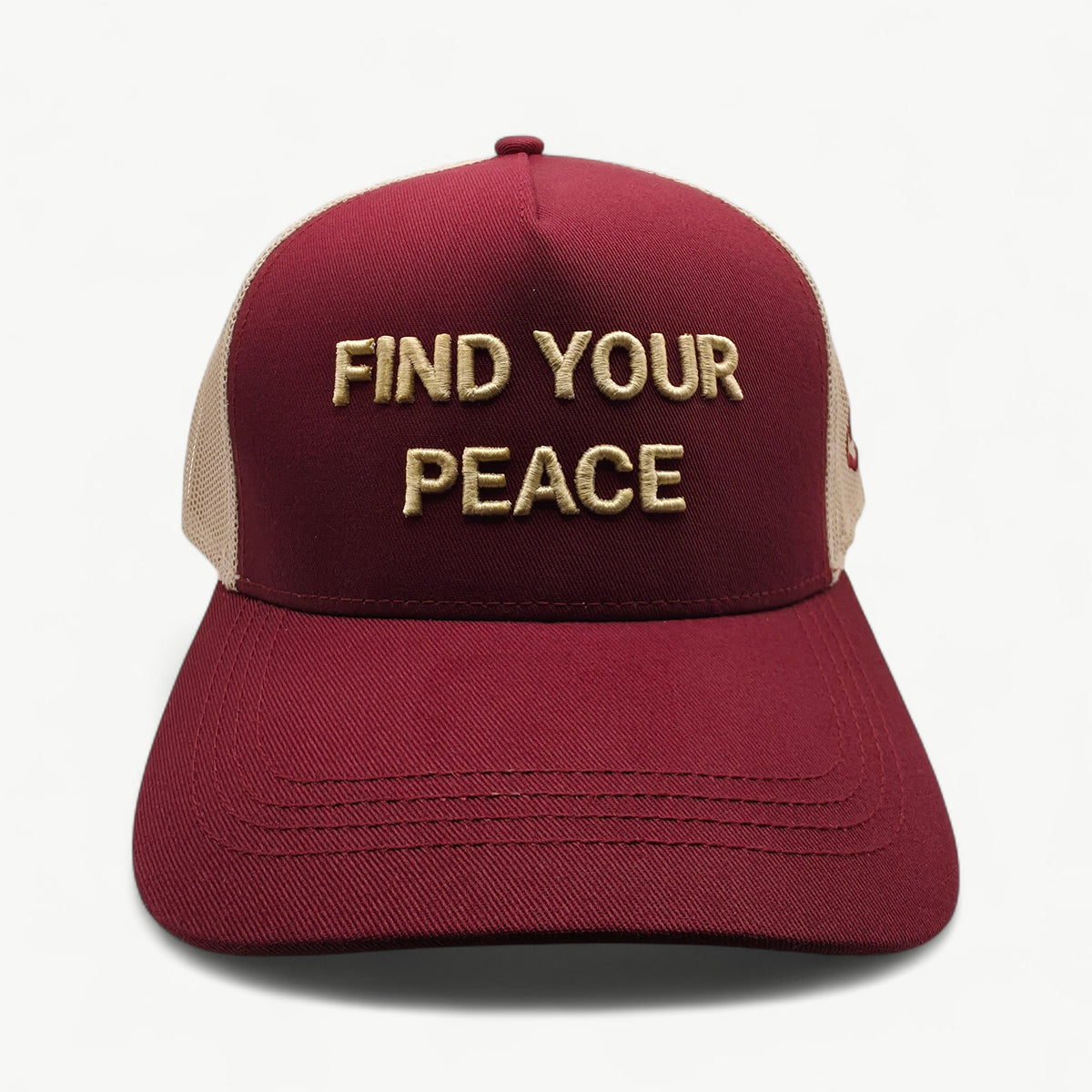 Find Your Peace burgundy and stone trucker cap – front view