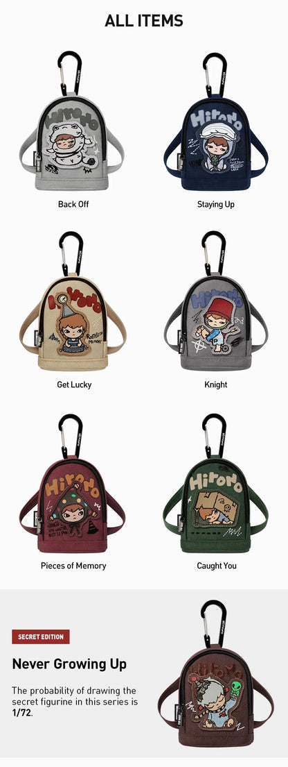 Collection of small backpacks with various designs and text on a white   Collectible Labubu pop mart toys Hironobackground