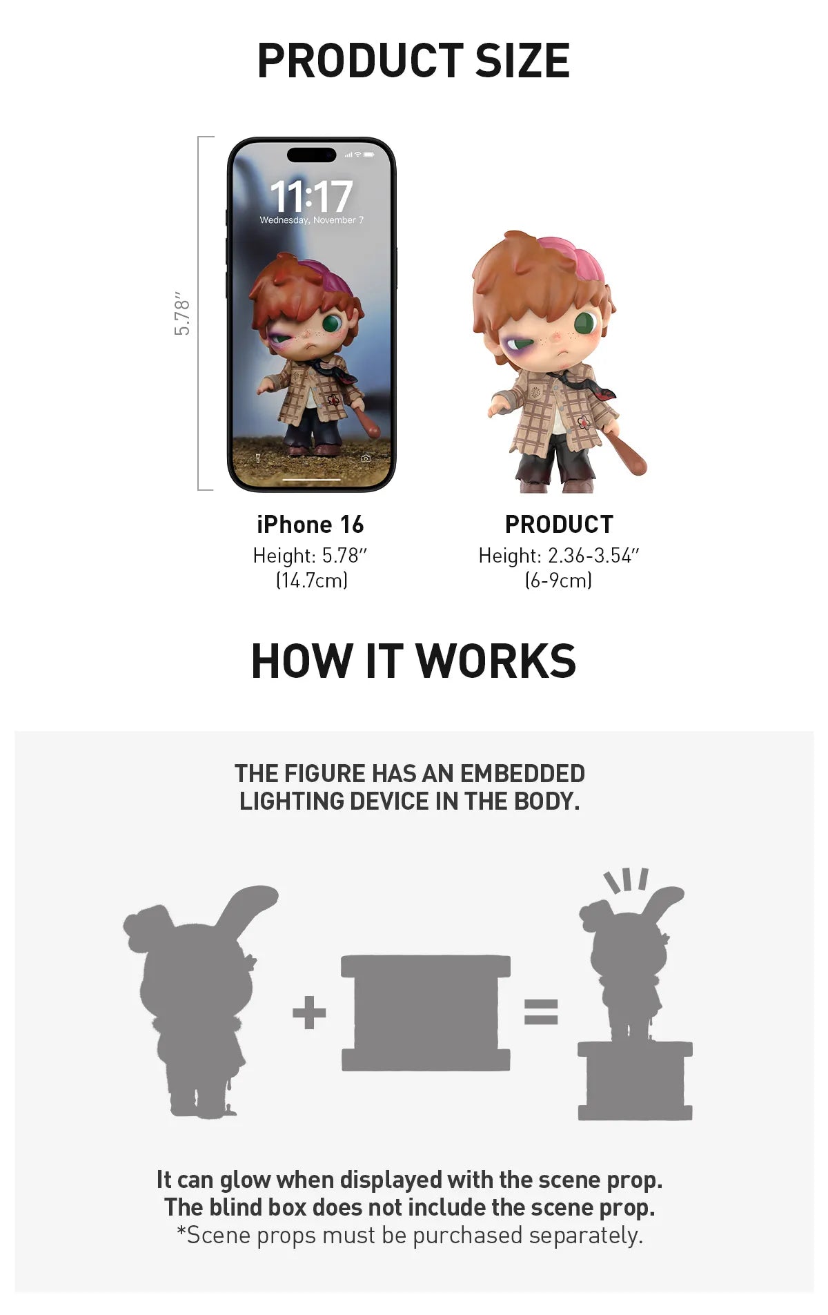 Product size comparison with a smartphone and figure dimensions, along with information on embedded lighting device. Collectible Labubu pop mart toys Hirono Mini Figues