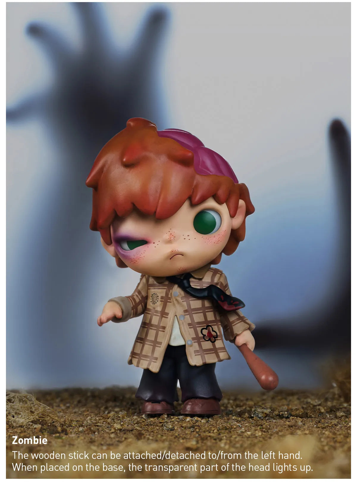 Toy figure with a zombie design, featuring a transparent head light-up feature. Collectible Labubu pop mart toys Hirono Mini Figues