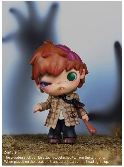 Toy figure with a zombie design, featuring a transparent head light-up feature. Collectible Labubu pop mart toys Hirono Mini Figues