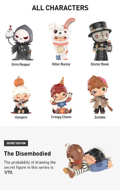 Collection of toy figures with labels including Grim Reaper, Killer Bunny, Doctor Beak, Vampire, Creepy Clown, Zombie, and The Disembodied. Collectible Labubu pop mart toys Hirono Mini Figues