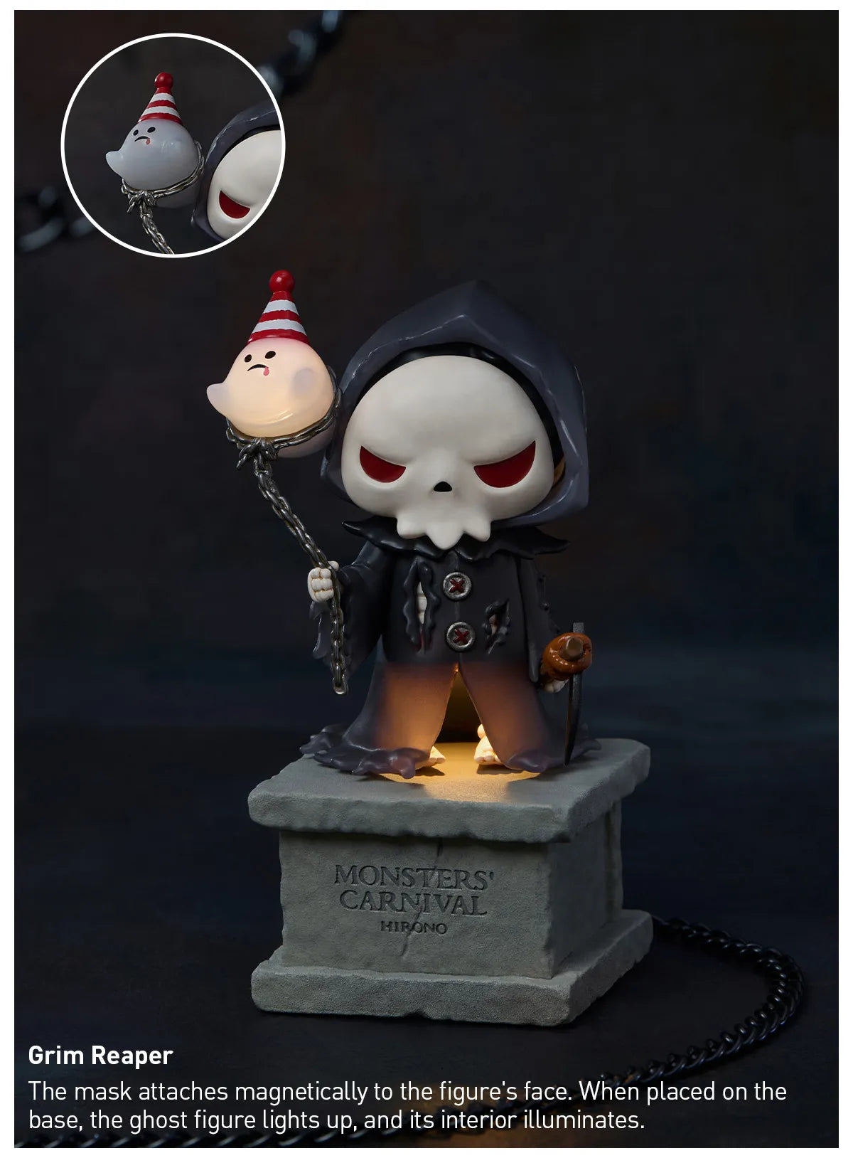 Grim Reaper figure with a light-up base and detachable mask on a dark background. Collectible Labubu pop mart toys Hirono Mini Figues