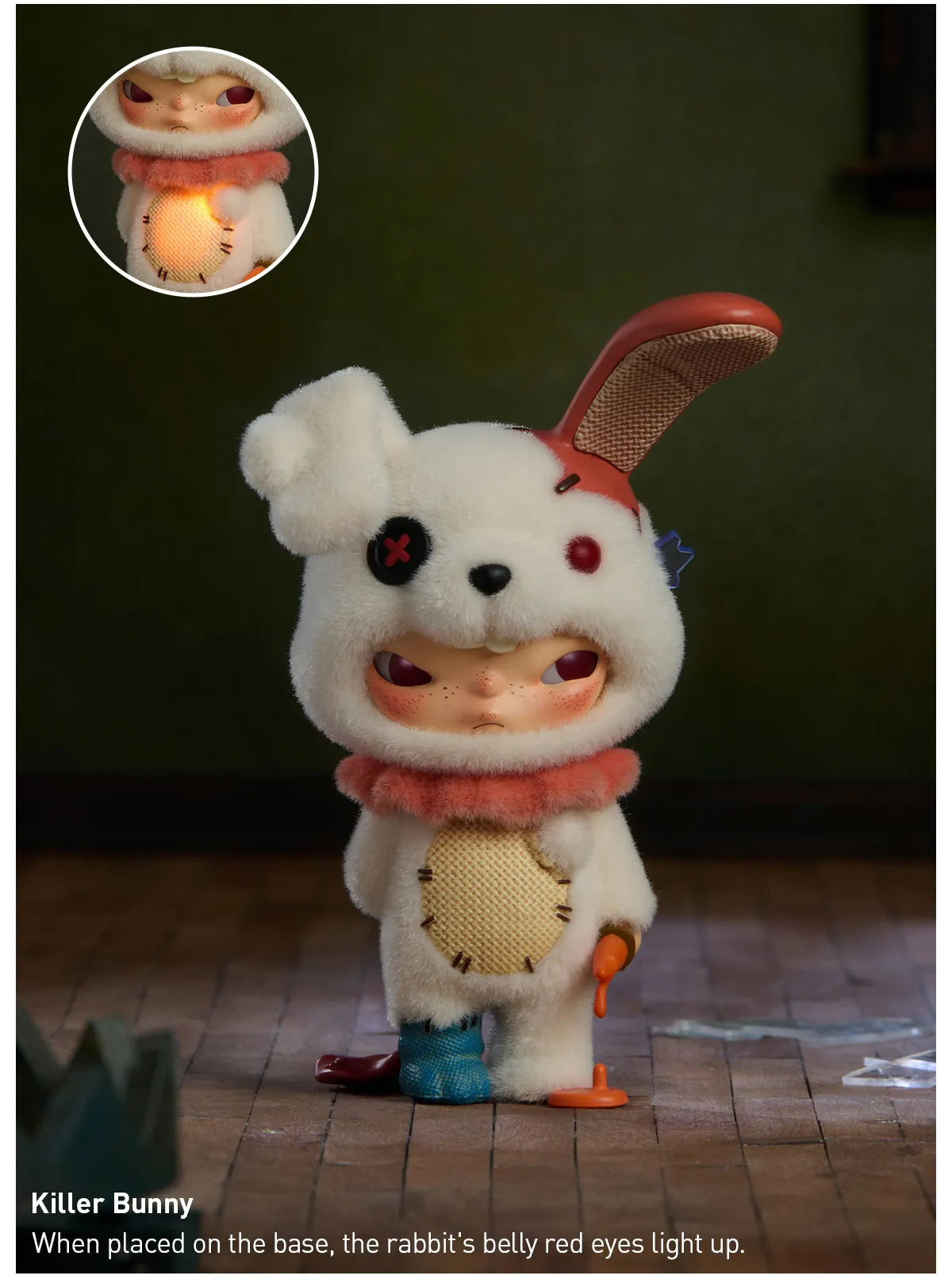 Toy figure of a rabbit with glowing red eyes on a dark background. Collectible Labubu pop mart toys Hirono Mini Figues