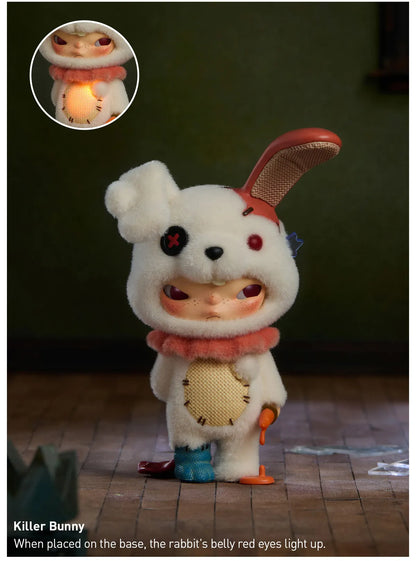 Toy figure of a rabbit with glowing red eyes on a dark background. Collectible Labubu pop mart toys Hirono Mini Figues