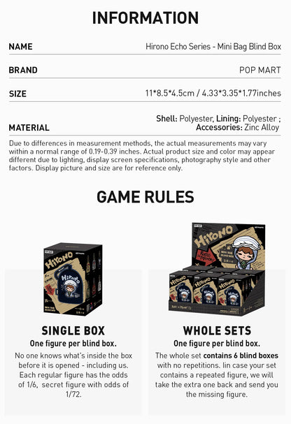 Product packaging with text detailing the Hirono Echo Series Mini Bag Blind Box by POP MART, including dimensions, material, and game rules.  Collectible Labubu pop mart toys Hirono