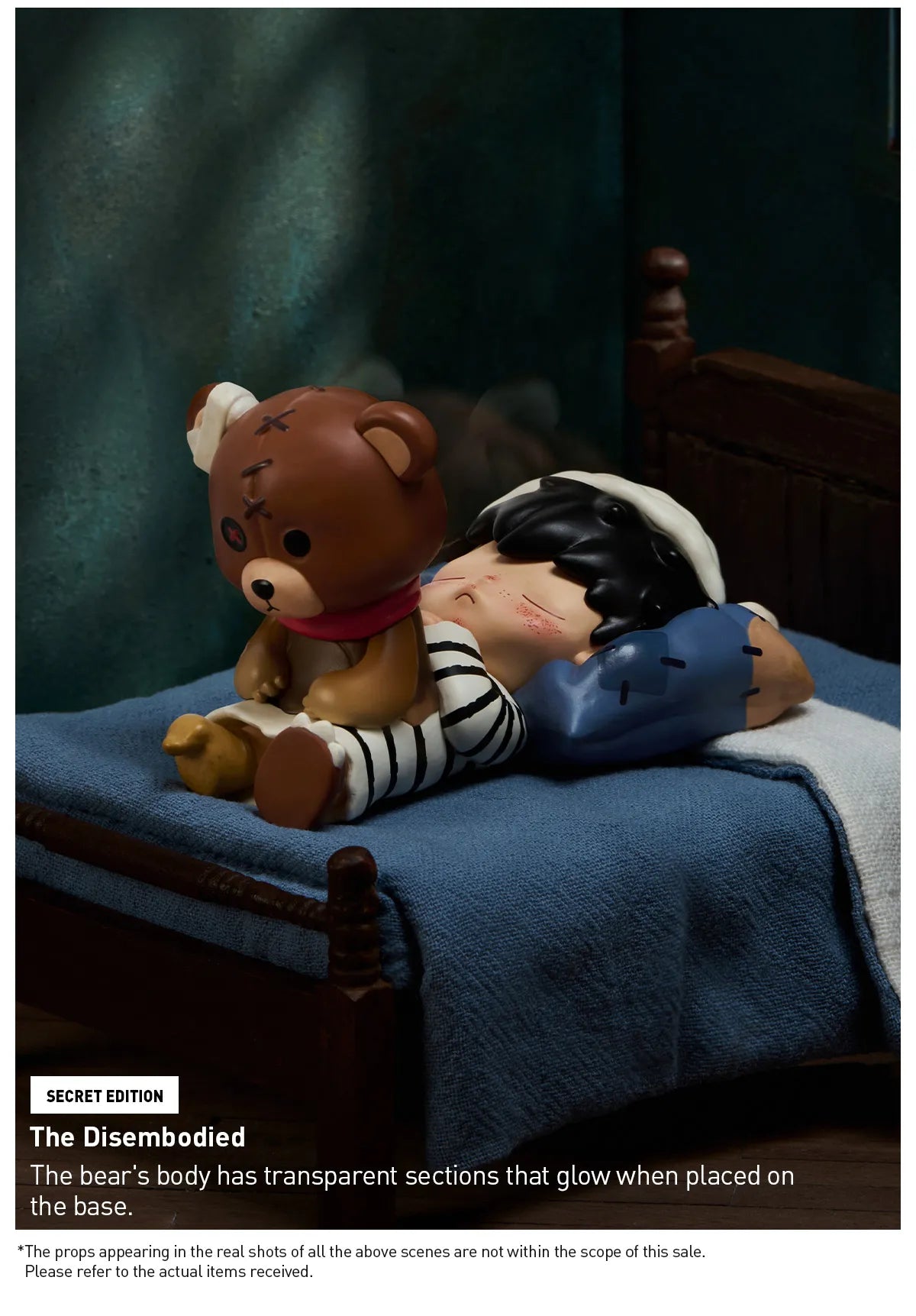 Toy bear with transparent sections on a bed with text about product features. Collectible Labubu pop mart toys Hirono Mini Figues