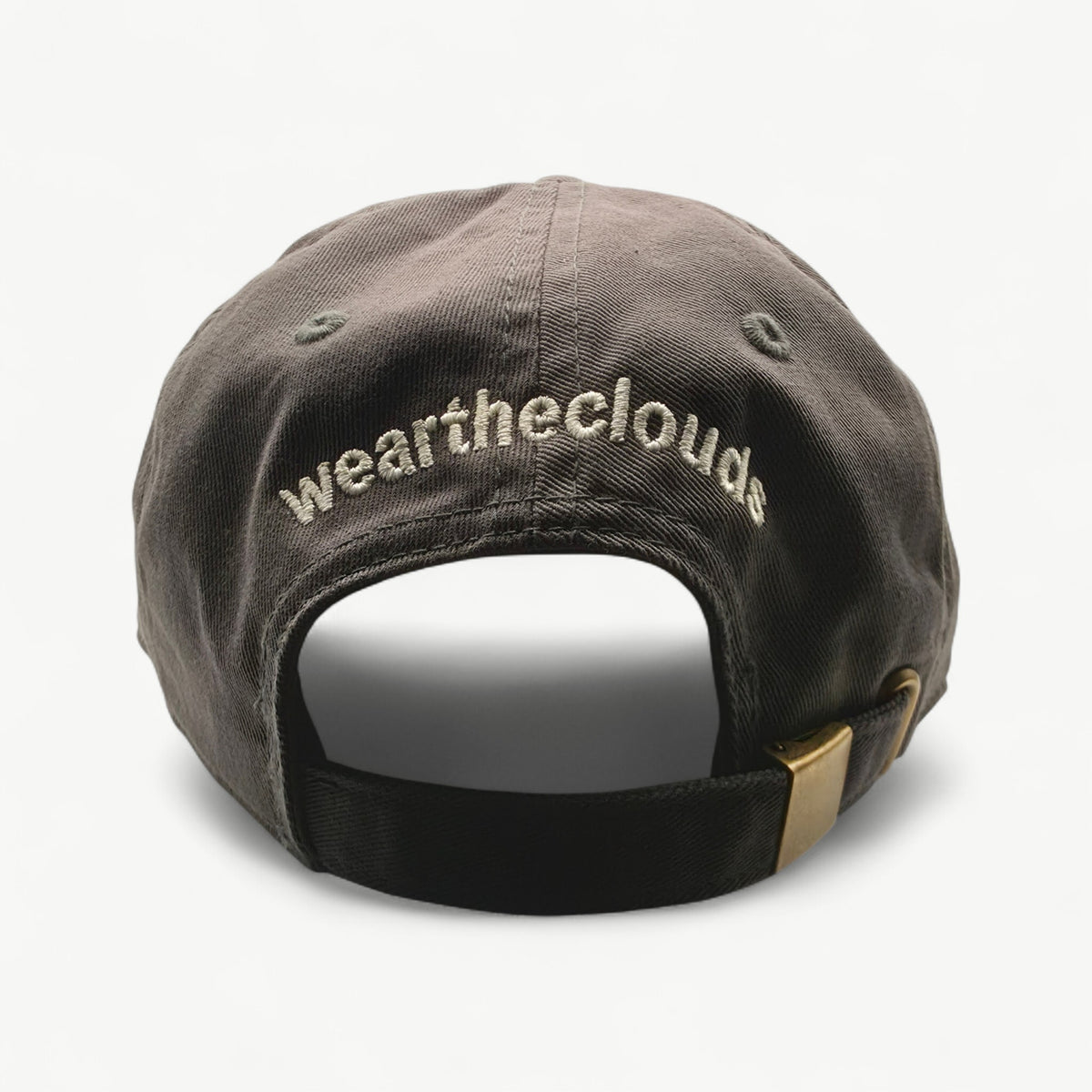 Less Noise grey dad cap – back view with weartheclouds logo