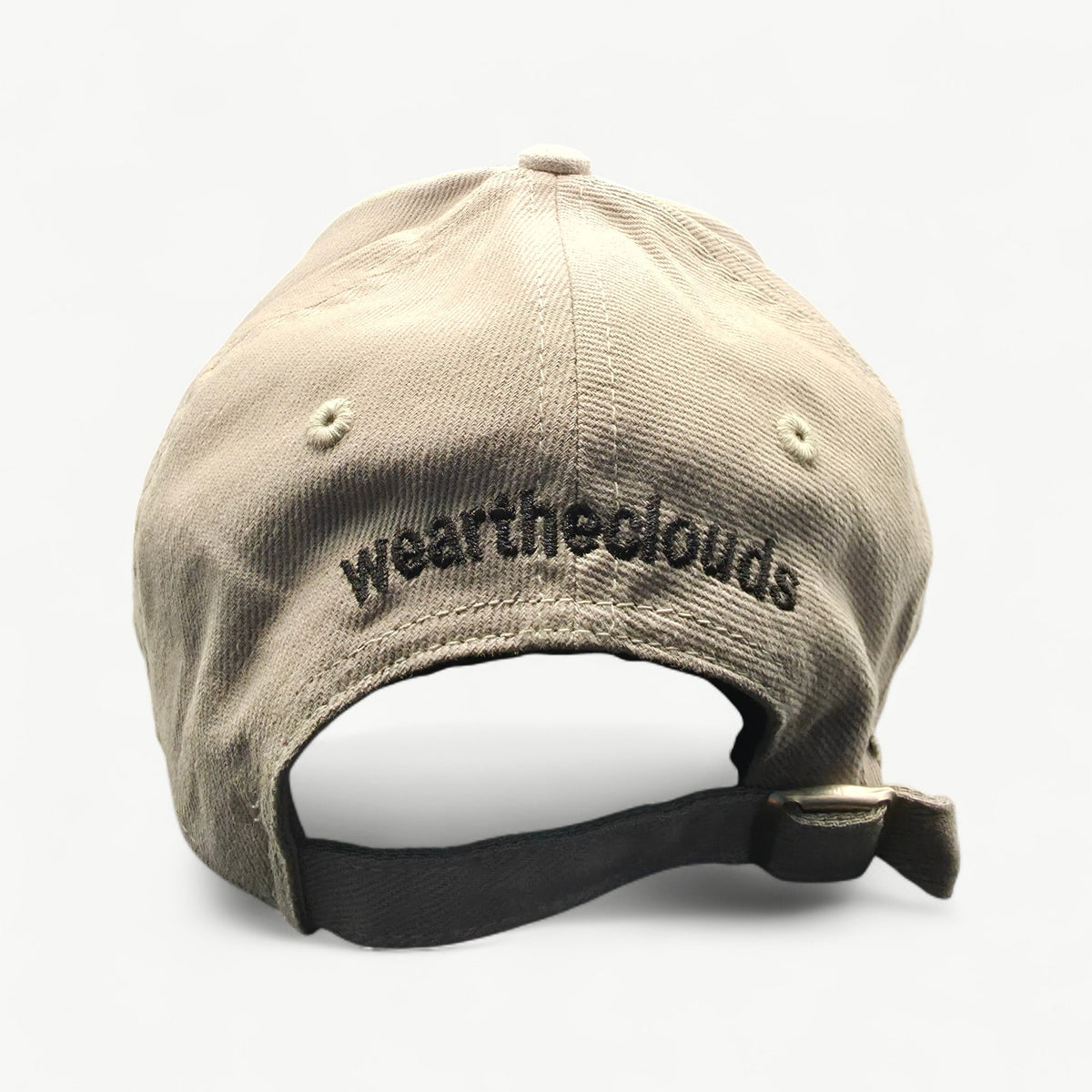 Less Noise grey and white classic cap – back view with weartheclouds logo