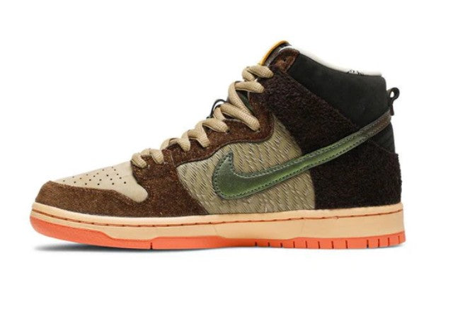 Multicolored sneaker with a camouflage pattern on a white background. Nike shoes Jordans dunks 