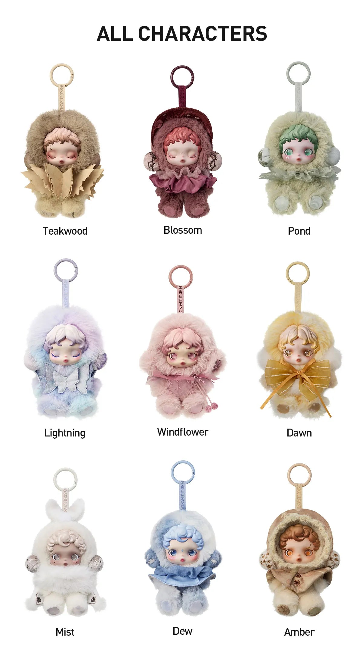 Set of small character figurines with names below on a white background. SkullPanda Toys Collectibles Dubai Rare Labubu