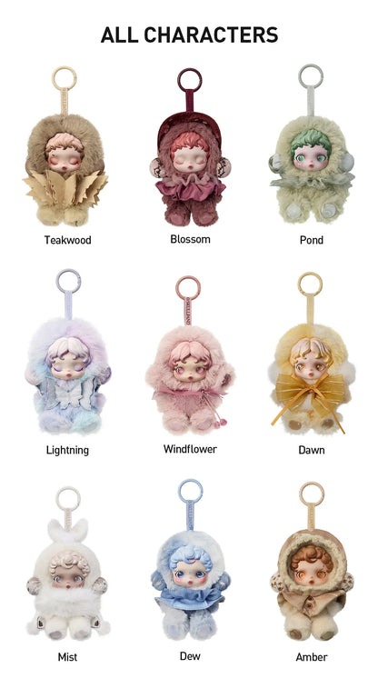 Set of small character figurines with names below on a white background. SkullPanda Toys Collectibles Dubai Rare Labubu