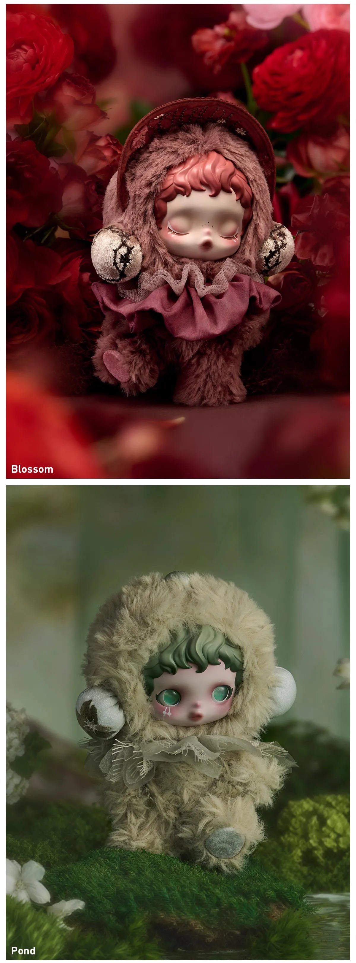 Two dolls, one in a pink outfit with red hair and the other in a beige outfit with green hair, surrounded by flowers. SkullPanda Toys Collectibles Dubai Rare Labubu