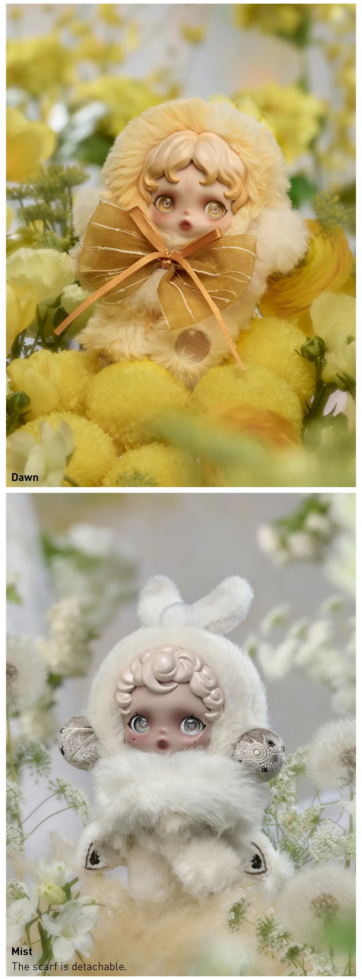 Two dolls, one with yellow hair and the other with white hair, surrounded by flowers. SkullPanda Toys Collectibles Dubai Rare Labubu