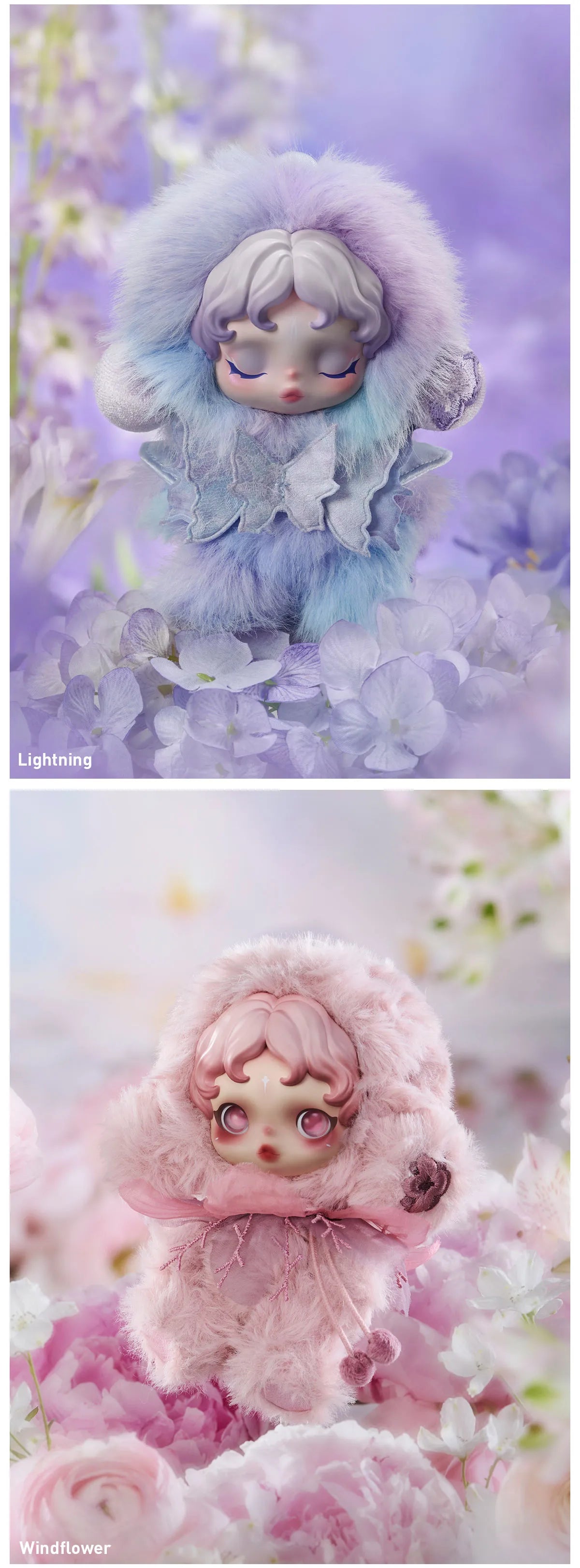 Two dolls in winter-themed outfits with floral backgrounds. SkullPanda Toys Collectibles Dubai Rare Labubu