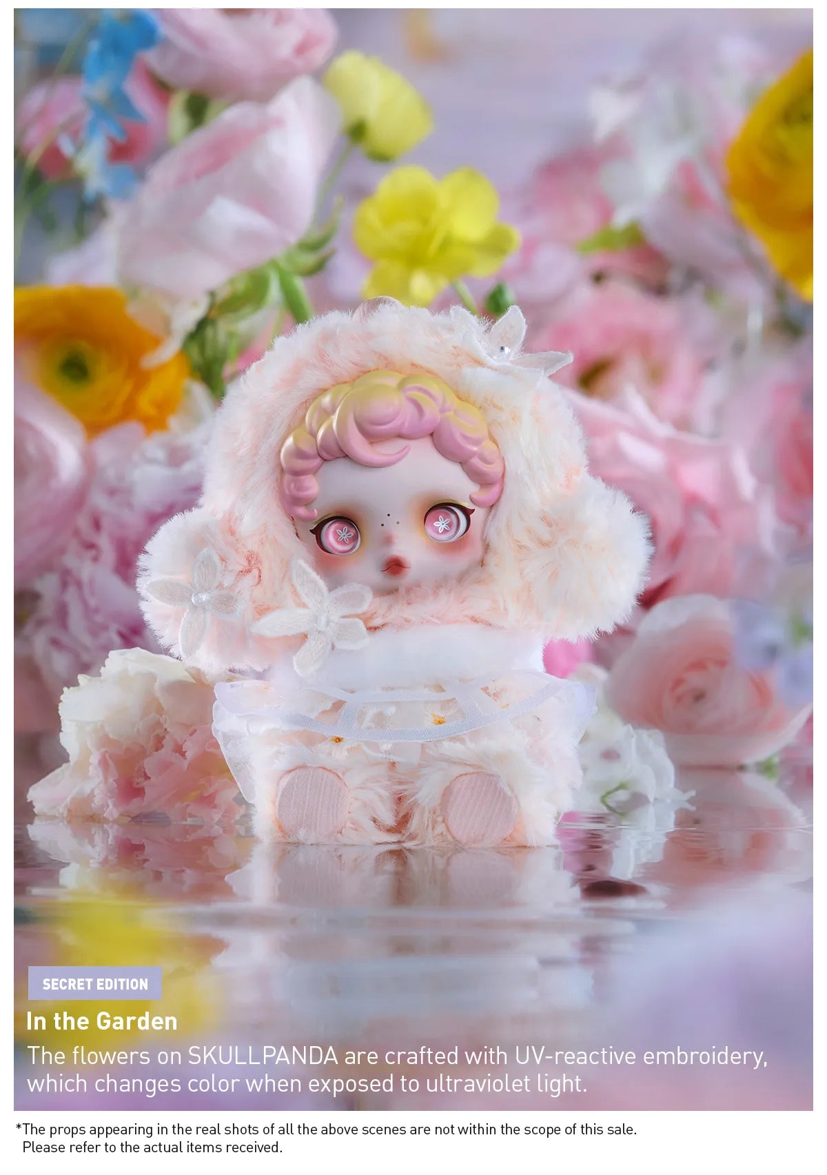 Small doll with pink hair and outfit surrounded by flowers, with text about UV-reactive embroidery. SkullPanda Toys Collectibles Dubai Rare Labubu