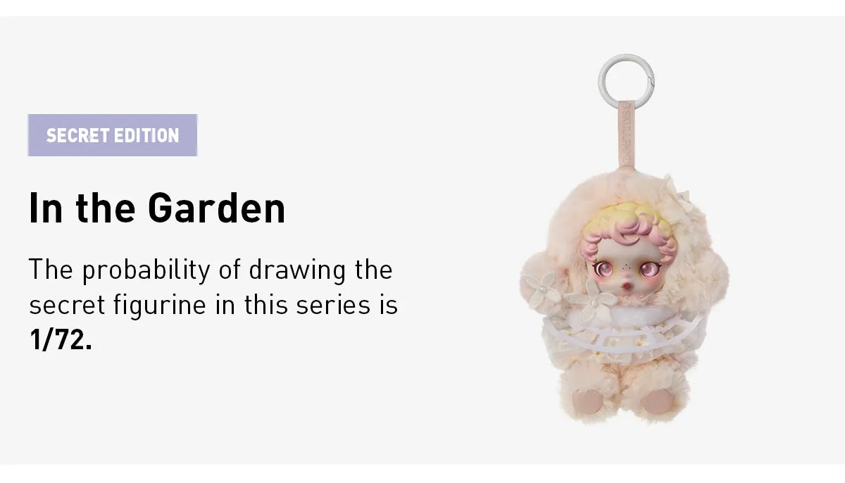 Toy figurine with a white background and text about a secret edition and . SkullPanda Toys Collectibles Dubai Rare Labubuprobability.