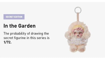 Toy figurine with a white background and text about a secret edition and . SkullPanda Toys Collectibles Dubai Rare Labubuprobability.