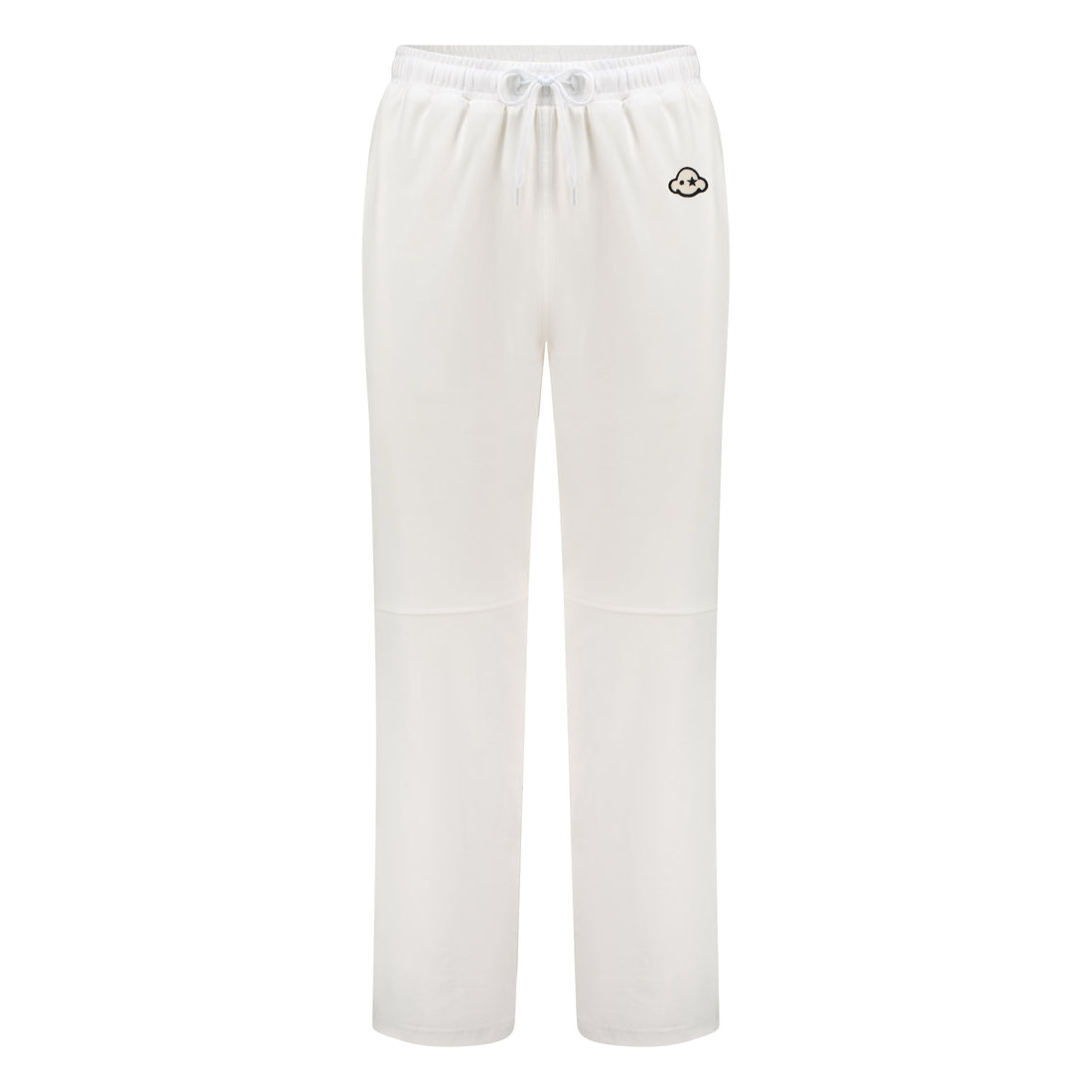 White cotton activewear pants with a small black logo on the left leg, featuring a relaxed fit and drawstring waist. 100% Cotton available in Dubai same day delivery best of summer and winter casual streetwear unisex men and women shorts and t-shirts available in UAE fast delivery and same day delivery available Pants joggers jogger pants