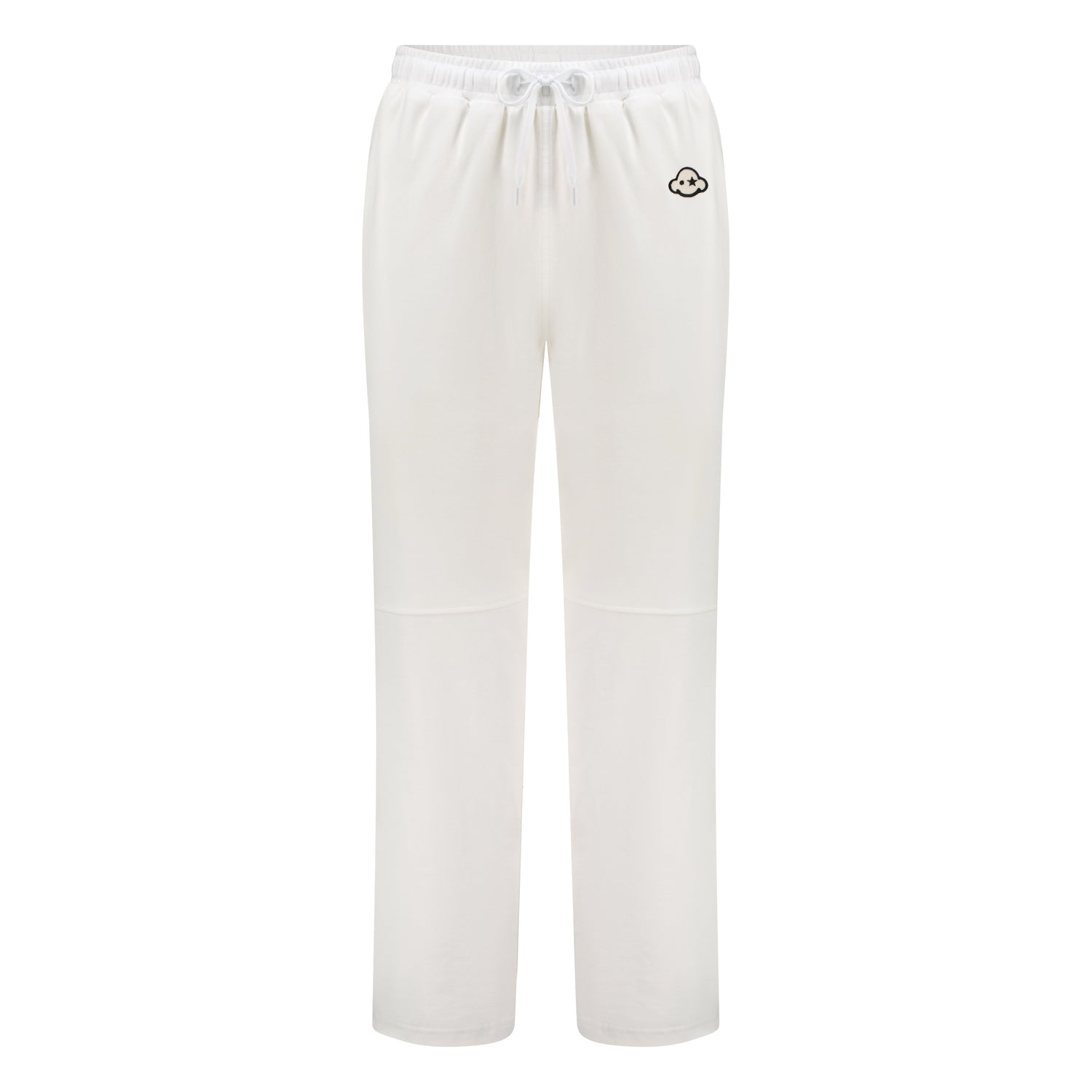 White cotton activewear pants with a small black logo on the left leg, featuring a relaxed fit and drawstring waist. 100% Cotton available in Dubai same day delivery best of summer and winter casual streetwear unisex men and women shorts and t-shirts available in UAE fast delivery and same day delivery available Pants joggers jogger pants