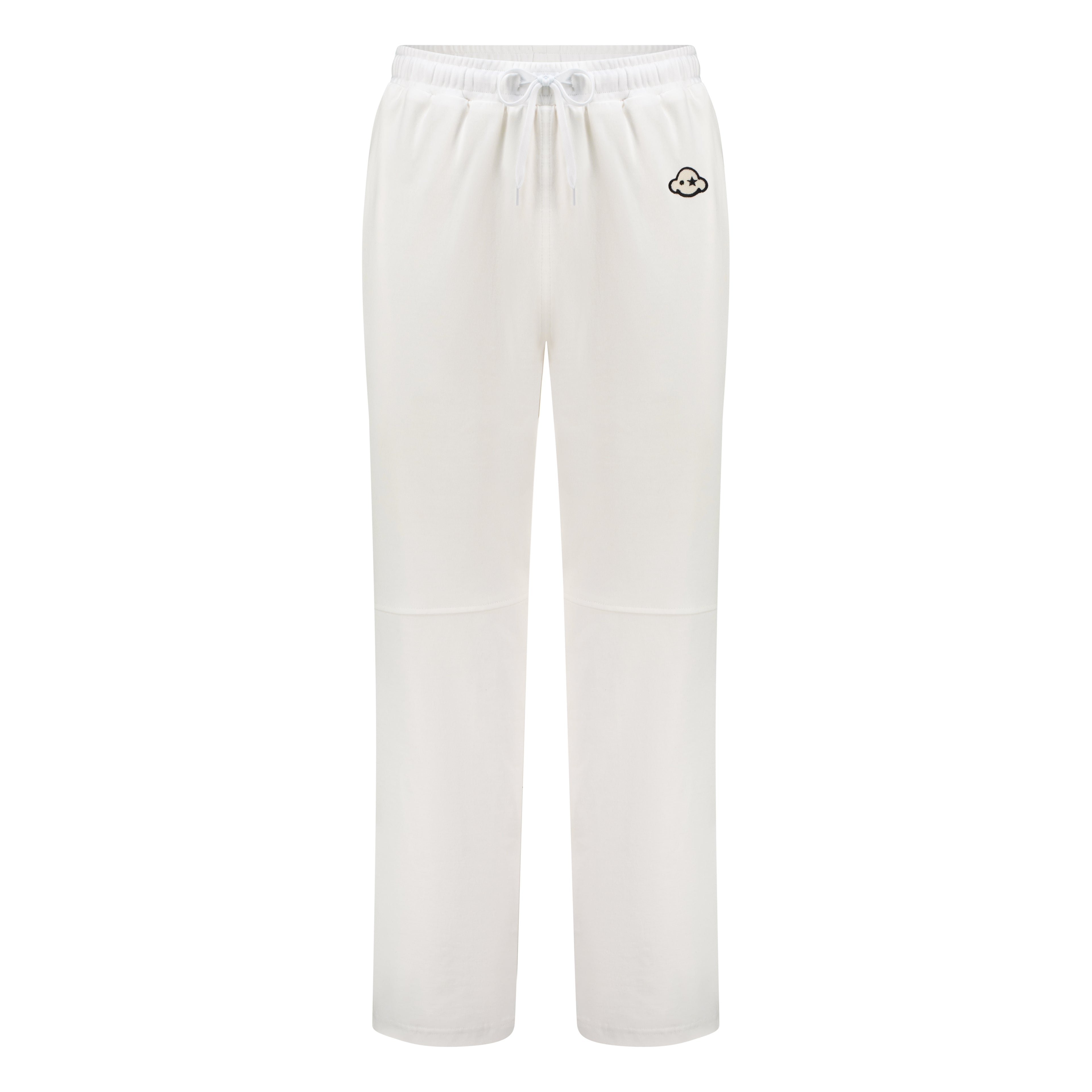 White cotton activewear pants with a small black logo on the left leg, featuring a relaxed fit and drawstring waist. 100% Cotton available in Dubai same day delivery best of summer and winter casual streetwear unisex men and women shorts and t-shirts available in UAE fast delivery and same day delivery available Pants joggers jogger pants