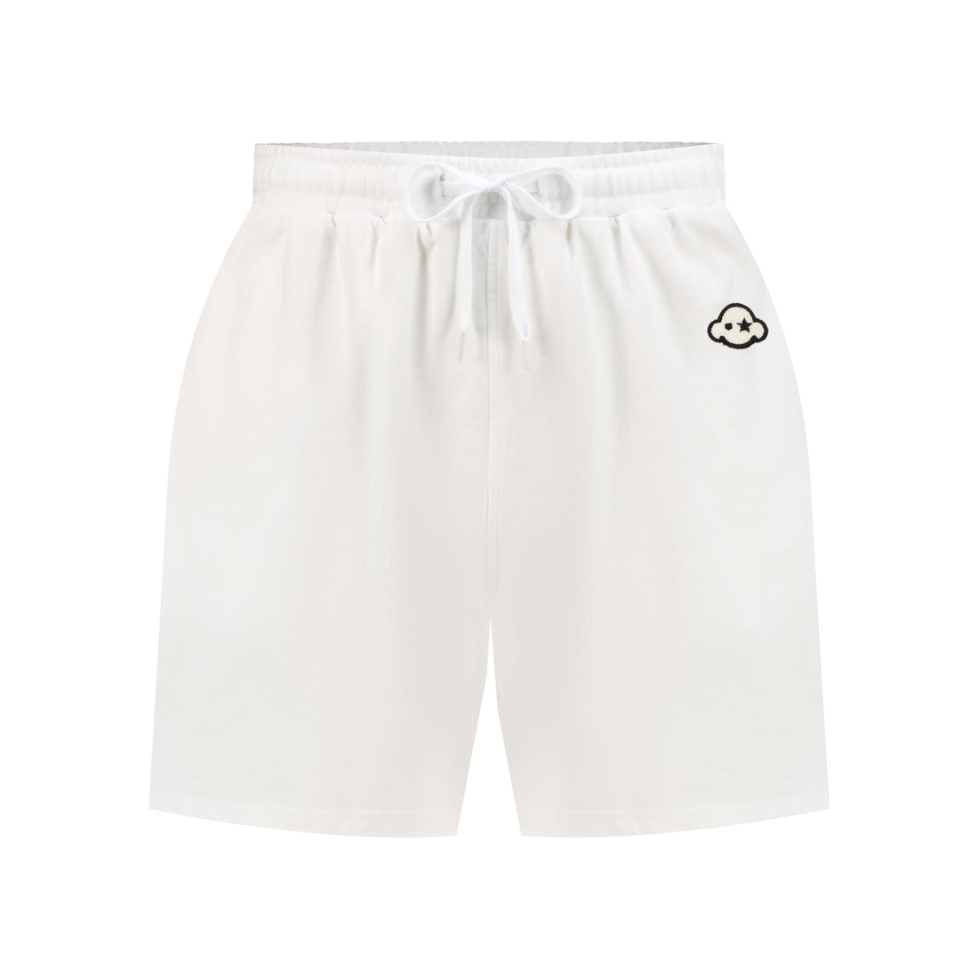 White cotton activewear shorts with a small black logo on the left leg, featuring a drawstring waistband. 100% Cotton available in Dubai same day delivery best of summer and winter casual streetwear unisex men and women shorts and t-shirts available in UAE fast delivery and same day delivery available