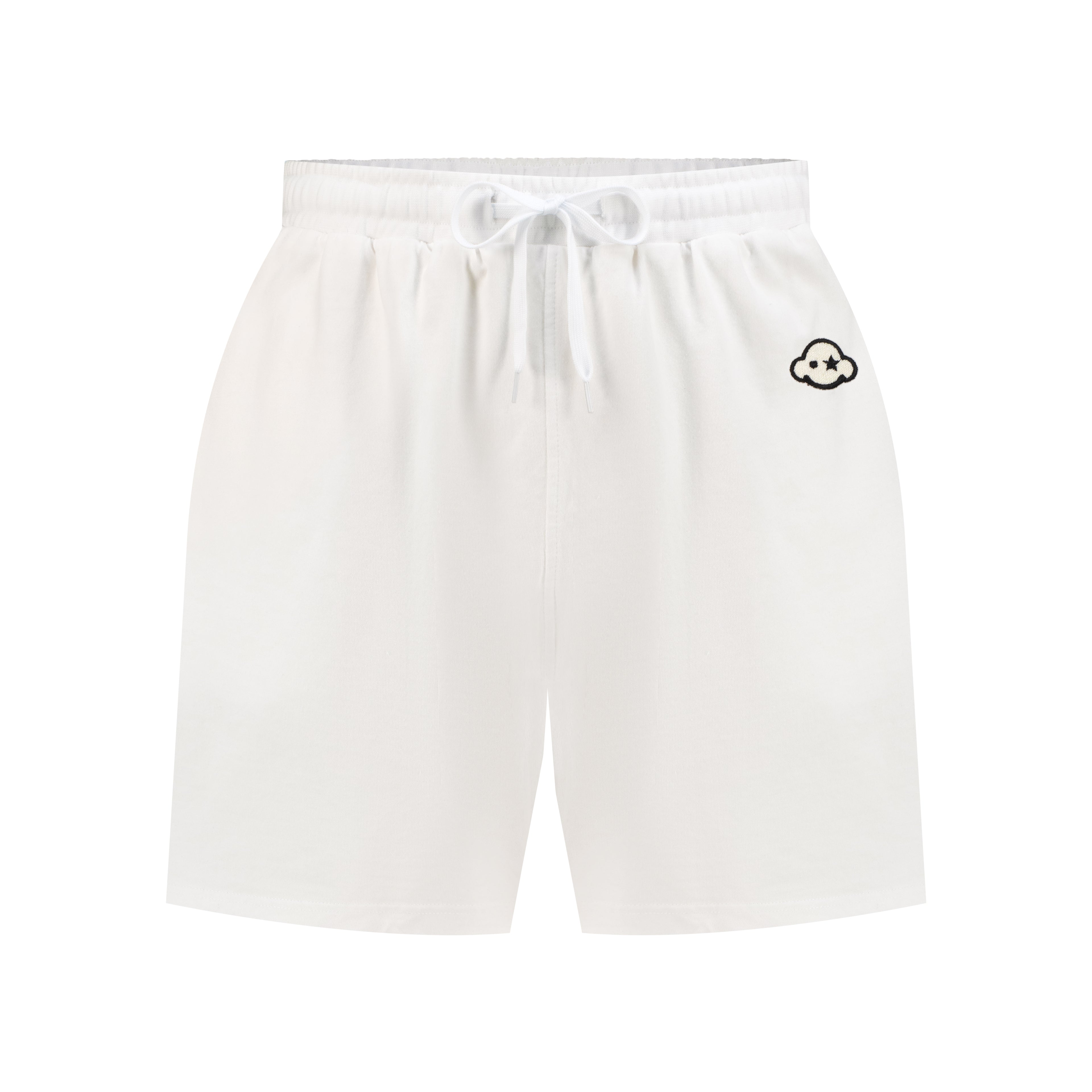 White cotton activewear shorts with a small black logo on the left leg, featuring a drawstring waistband. 100% Cotton available in Dubai same day delivery best of summer and winter casual streetwear unisex men and women shorts and t-shirts available in UAE fast delivery and same day delivery available