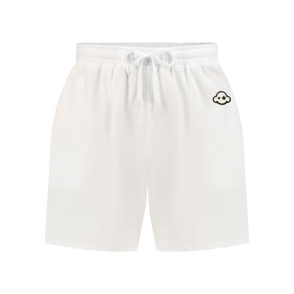 White cotton activewear shorts with a small black logo on the left leg, featuring a drawstring waistband. 100% Cotton available in Dubai same day delivery best of summer and winter casual streetwear unisex men and women shorts and t-shirts available in UAE fast delivery and same day delivery available