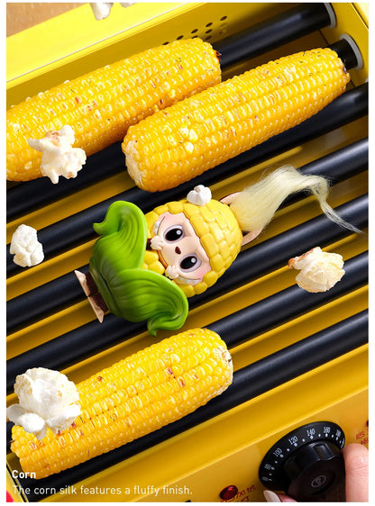 Corn on a grill with cartoon character design and popcorn, on a yellow grill.  Collectible Labubu pop mart toys